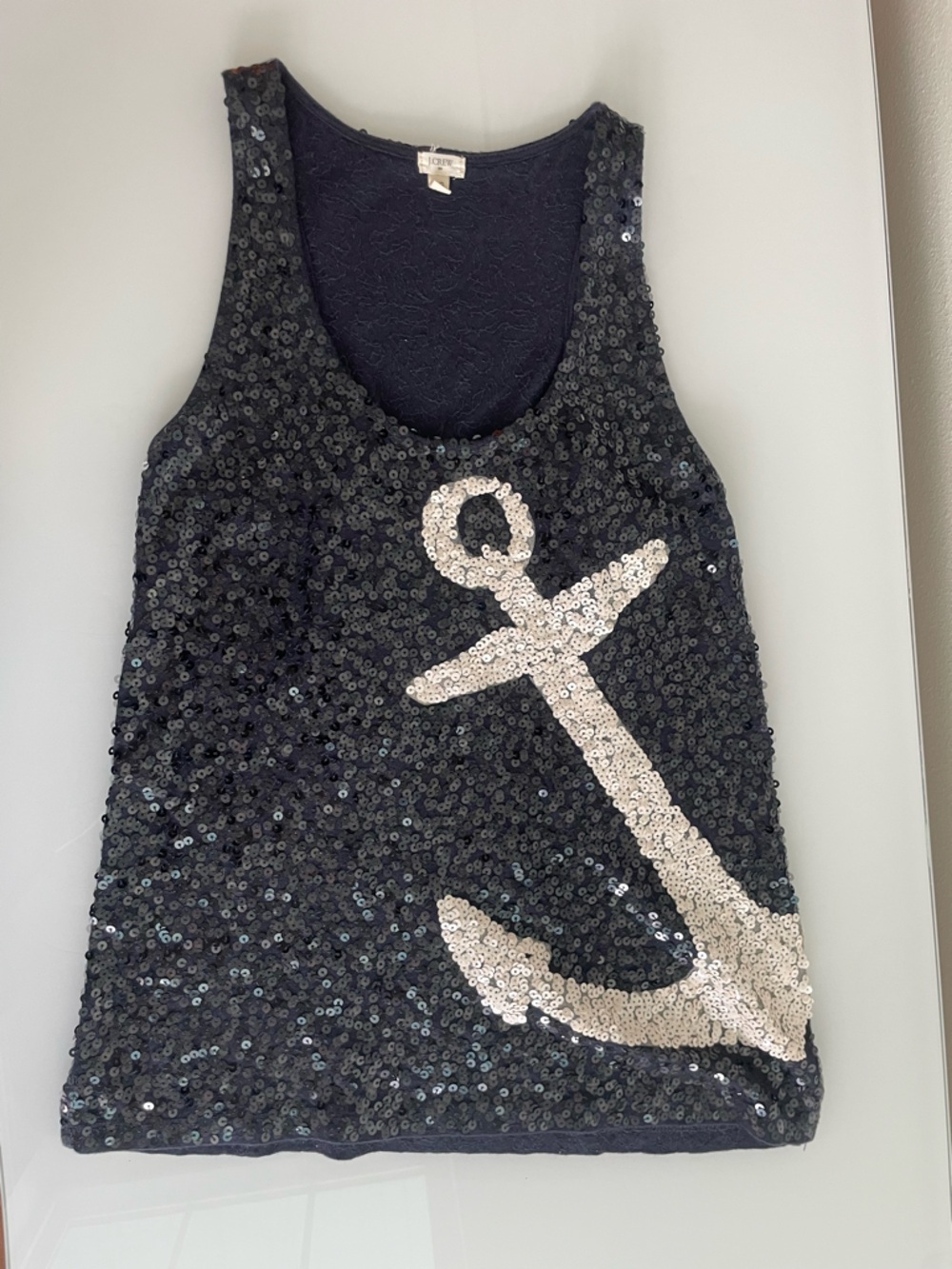 J. Crew Navy Sleeveless Sequin Tank with White Anchor Accent